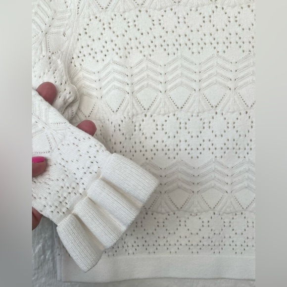 Tularosa Lana 100% nylon knit sweater, cream/white, ruffle neck, cropped; size S - Picture 3 of 9